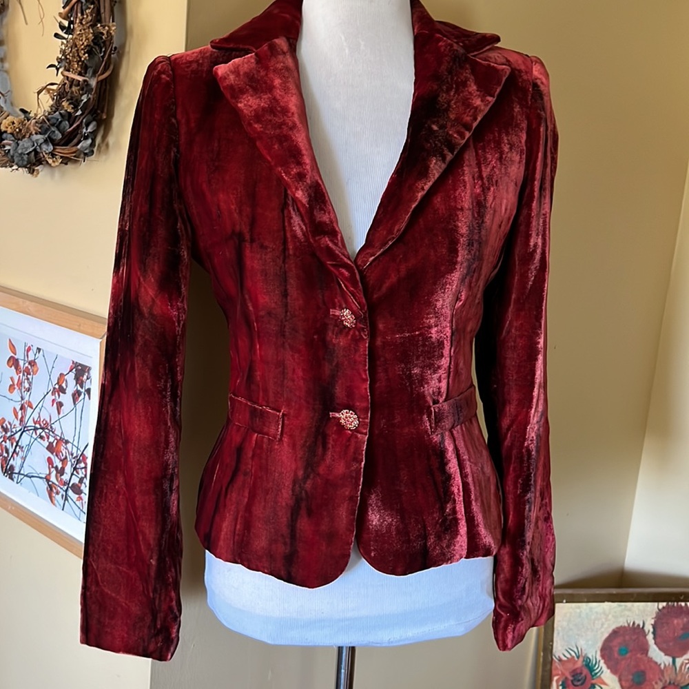 Vintage CACHE Size 2 Velvet Blazer Burnt Orange Flame GEMStone Button Closure